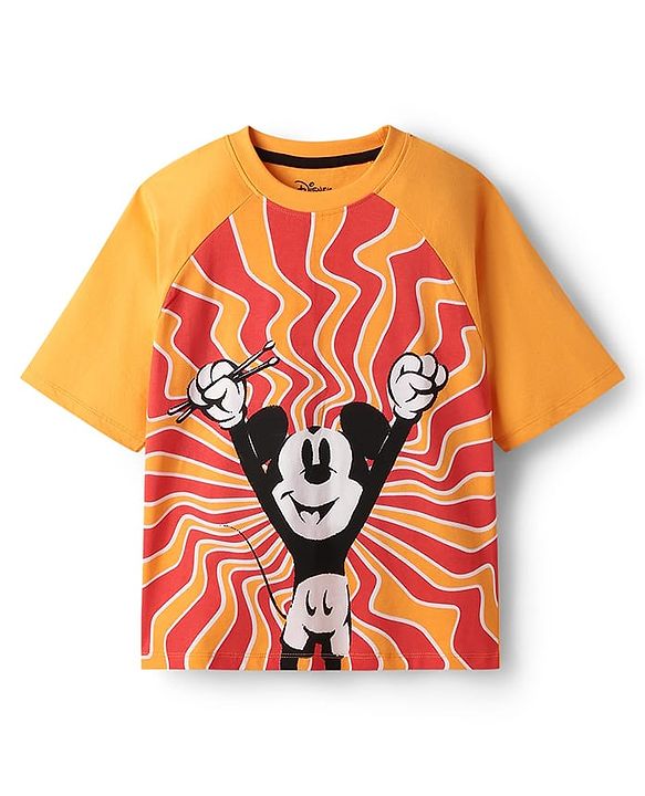 Pine Kids Disney Single Jersey Knit Raglan Drop Shoulder Oversize Half Sleeves T-Shirt & Shorts with Mickey Mouse Graphics with Pocket Detailing - Yellow