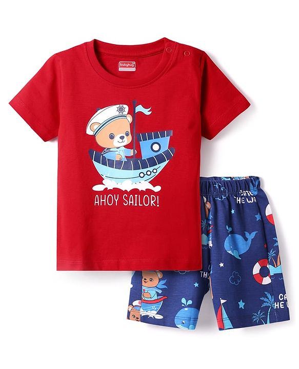 Babyhug Cotton Knit Half Sleeves Shorts Night Suit With Animal Print - Red & Blue