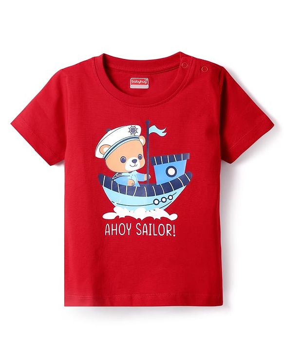 Babyhug Cotton Knit Half Sleeves Shorts Night Suit With Animal Print - Red & Blue