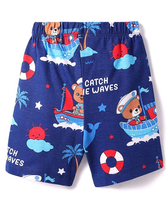 Babyhug Cotton Knit Half Sleeves Shorts Night Suit With Animal Print - Red & Blue