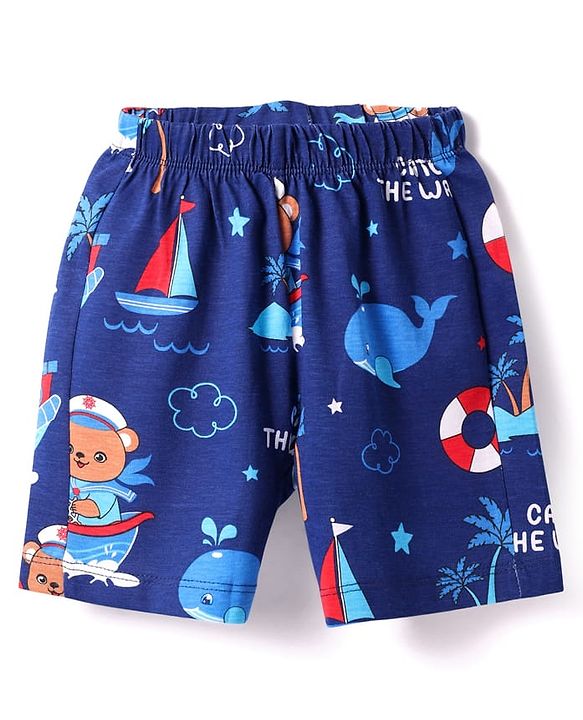 Babyhug Cotton Knit Half Sleeves Shorts Night Suit With Animal Print - Red & Blue