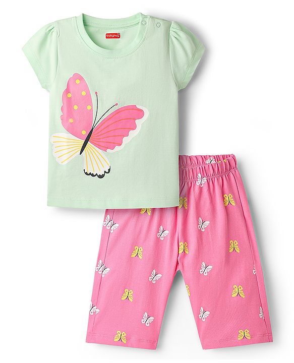 Babyhug Cotton Knit Half Sleeves Capri Night Suit With Butterfly Print - Mint & Pink