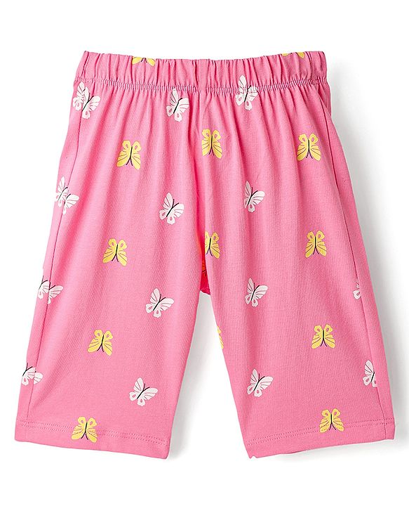 Babyhug Cotton Knit Half Sleeves Capri Night Suit With Butterfly Print - Mint & Pink