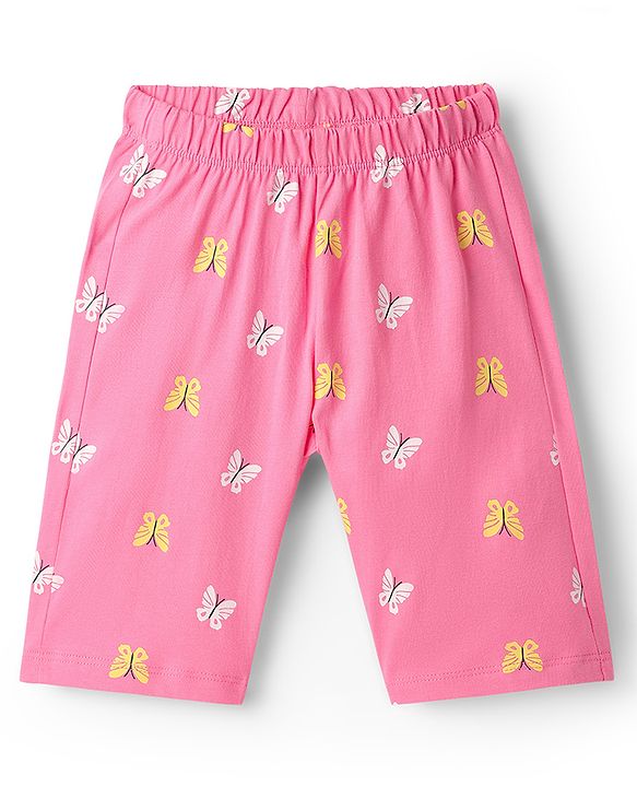 Babyhug Cotton Knit Half Sleeves Capri Night Suit With Butterfly Print - Mint & Pink