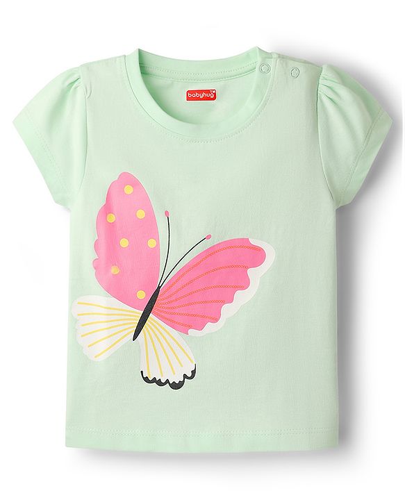Babyhug Cotton Knit Half Sleeves Capri Night Suit With Butterfly Print - Mint & Pink