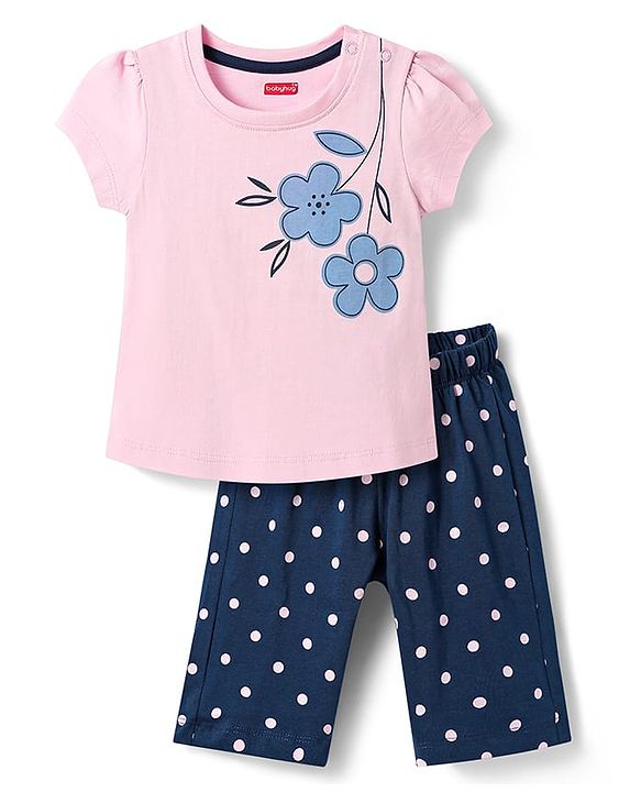 Babyhug Cotton Knit Half Sleeves Capri Night Suit with Floral & Polka Dots Print - Pink & Navy Blue