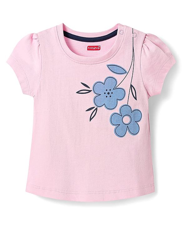 Babyhug Cotton Knit Half Sleeves Capri Night Suit with Floral & Polka Dots Print - Pink & Navy Blue