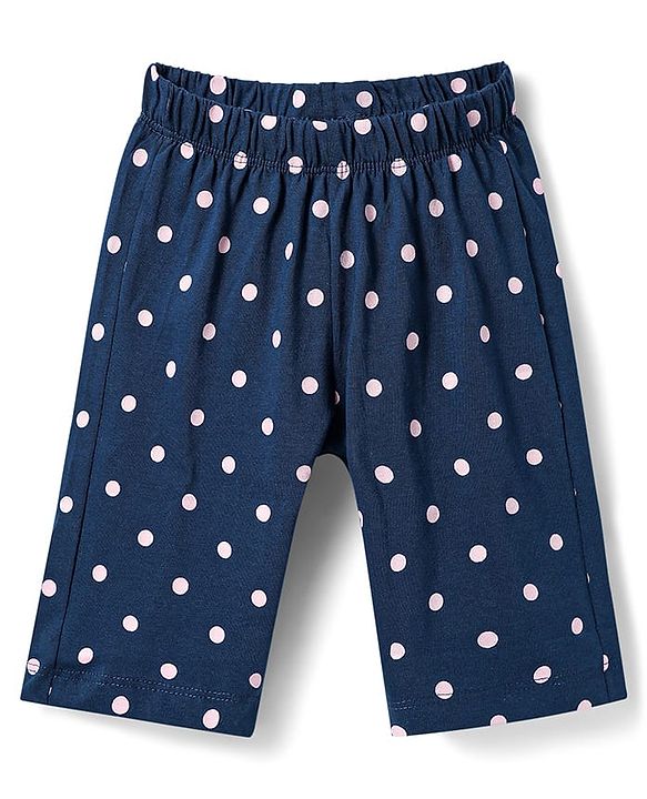 Babyhug Cotton Knit Half Sleeves Capri Night Suit with Floral & Polka Dots Print - Pink & Navy Blue