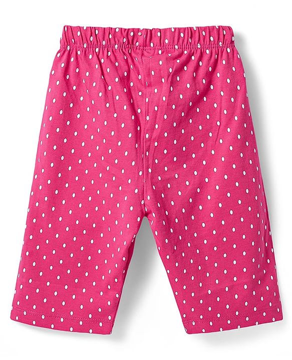 Babyhug Cotton Knit Half Sleeves Capri Night Suit with Kitty & Polka Dots Print - Yellow & Dark Pink