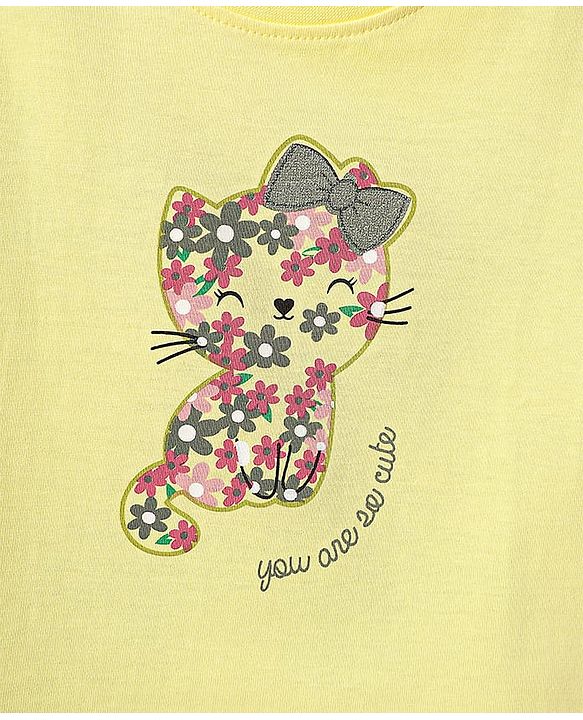 Babyhug Cotton Knit Half Sleeves Capri Night Suit with Kitty & Polka Dots Print - Yellow & Dark Pink