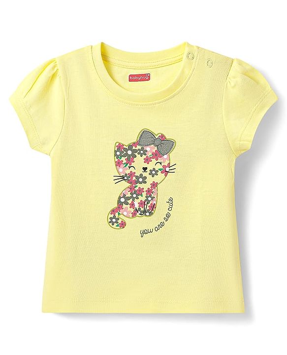 Babyhug Cotton Knit Half Sleeves Capri Night Suit with Kitty & Polka Dots Print - Yellow & Dark Pink