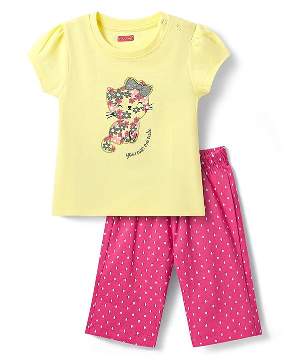 Babyhug Cotton Knit Half Sleeves Capri Night Suit with Kitty & Polka Dots Print - Yellow & Dark Pink