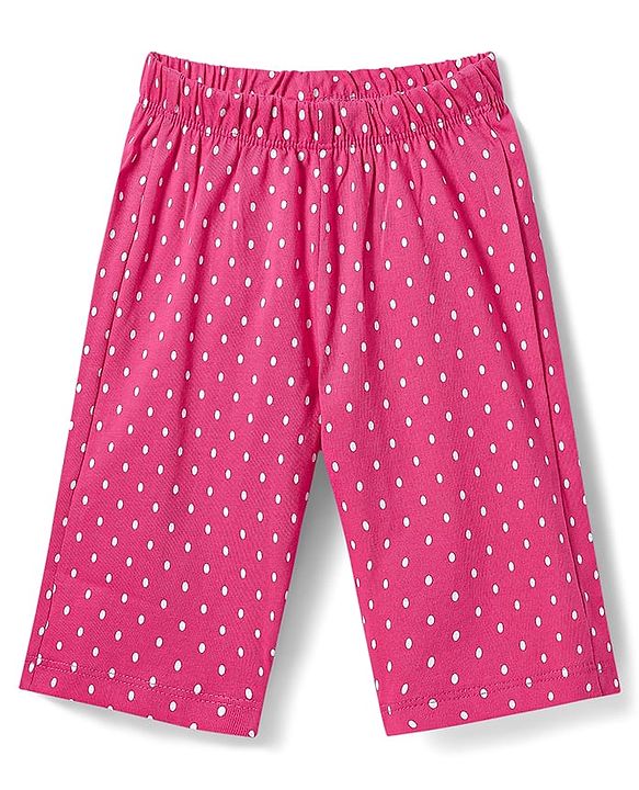 Babyhug Cotton Knit Half Sleeves Capri Night Suit with Kitty & Polka Dots Print - Yellow & Dark Pink