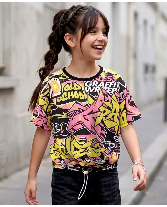 Pine Kids Cotton Knit Half Sleeves Drop Shoulder T-Shirt with Old School Text Print - Black