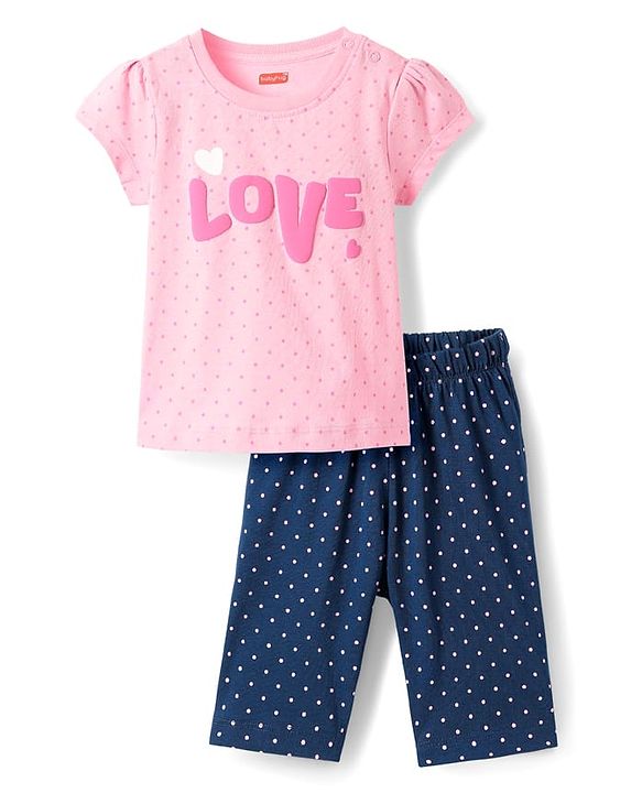 Babyhug Cotton Knit Half Sleeves Capri Night Suit With Polka Dots & Love Text Print - Mint & Pink