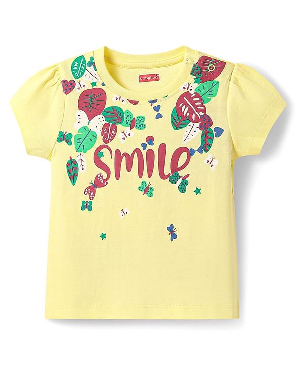 Babyhug Cotton Knit Half Sleeves Capri Night Suit with Butterfly & Smile Text Print - Yellow & Dark Pink