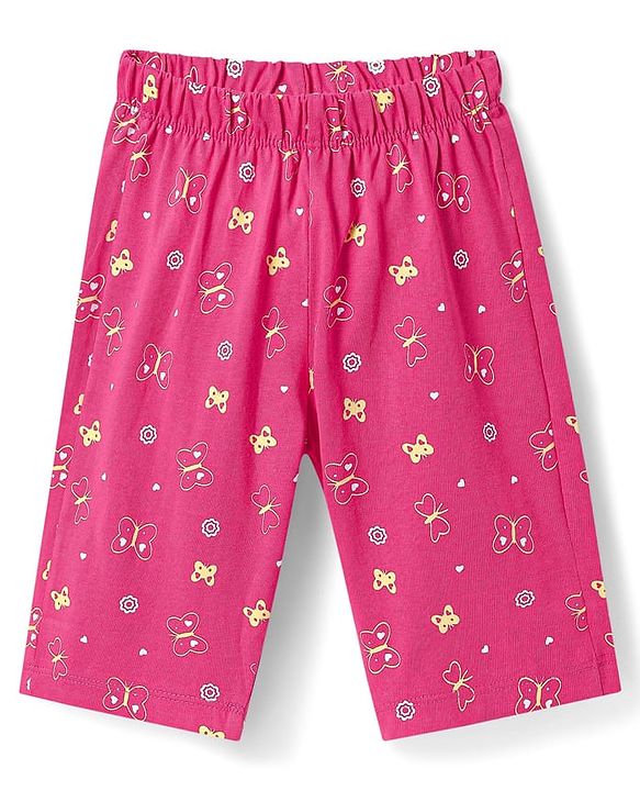 Babyhug Cotton Knit Half Sleeves Capri Night Suit with Butterfly & Smile Text Print - Yellow & Dark Pink