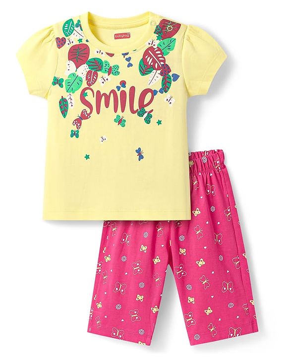 Babyhug Cotton Knit Half Sleeves Capri Night Suit with Butterfly & Smile Text Print - Yellow & Dark Pink