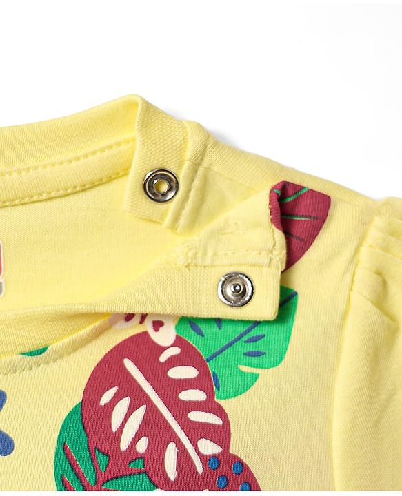 Babyhug Cotton Knit Half Sleeves Capri Night Suit with Butterfly & Smile Text Print - Yellow & Dark Pink