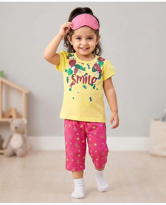 Babyhug Cotton Knit Half Sleeves Capri Night Suit with Butterfly & Smile Text Print - Yellow & Dark Pink