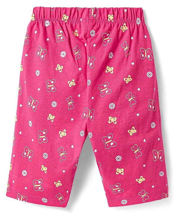 Babyhug Cotton Knit Half Sleeves Capri Night Suit with Butterfly & Smile Text Print - Yellow & Dark Pink