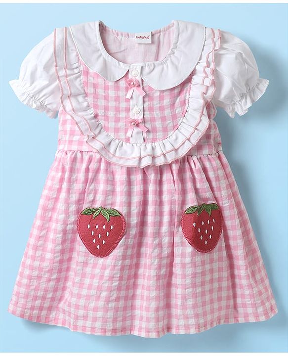 Babyhug Cotton Knit Half Puffed Sleeves Peter Pan Collared Frock with Strawberry Patch Detailing - Pink