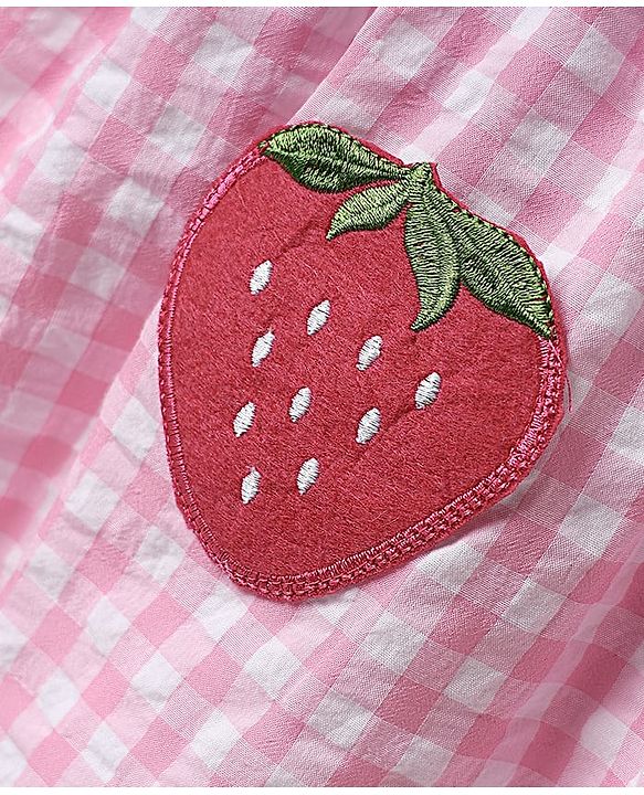 Babyhug Cotton Knit Half Puffed Sleeves Peter Pan Collared Frock with Strawberry Patch Detailing - Pink