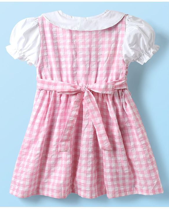 Babyhug Cotton Knit Half Puffed Sleeves Peter Pan Collared Frock with Strawberry Patch Detailing - Pink
