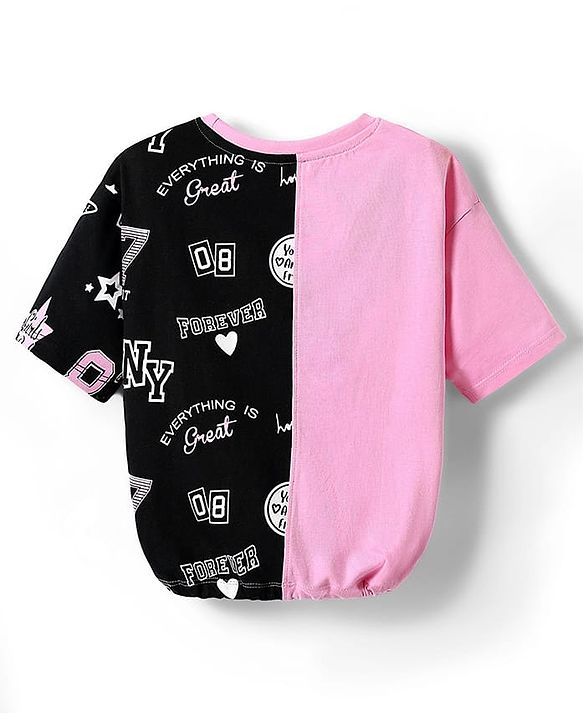 Pine Kids Cotton Knit Half Drop Shoulder Sleeves Cut & Sew T-Shirt with Star Print - Pink