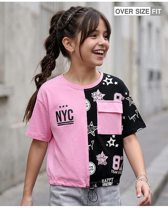 Pine Kids Cotton Knit Half Drop Shoulder Sleeves Cut & Sew T-Shirt with Star Print - Pink