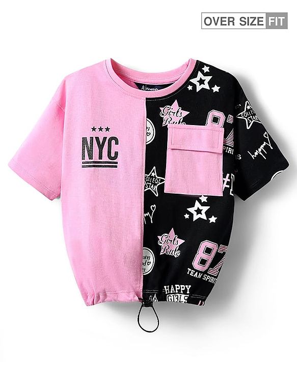 Pine Kids Cotton Knit Half Drop Shoulder Sleeves Cut & Sew T-Shirt with Star Print - Pink