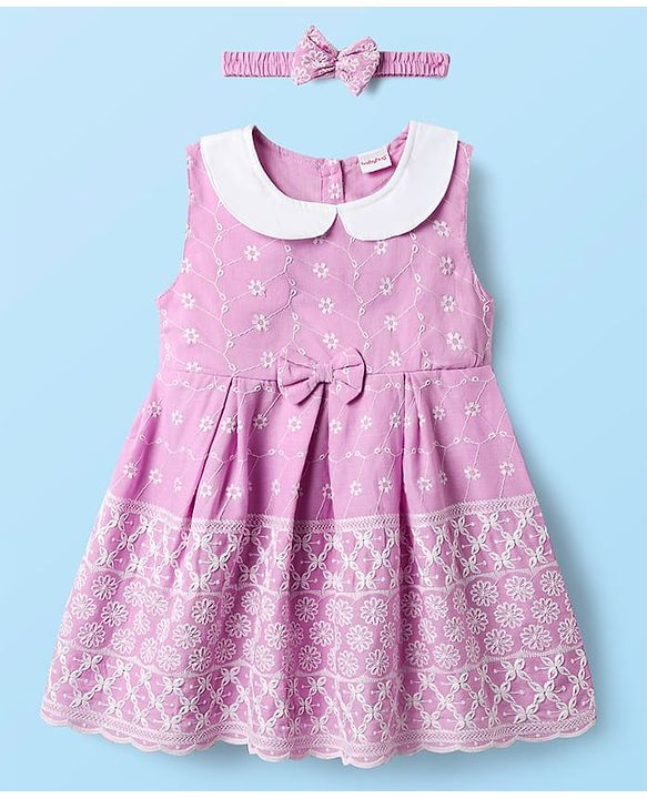 Babyhug Cotton Knit Sleeveless Frock With Embroidery & Headband - Lilac