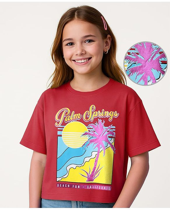Pine Kids Cotton Knit Drop Shoulder Half Sleeves T-Shirt With Palm Spring Text Print - Dark Pink