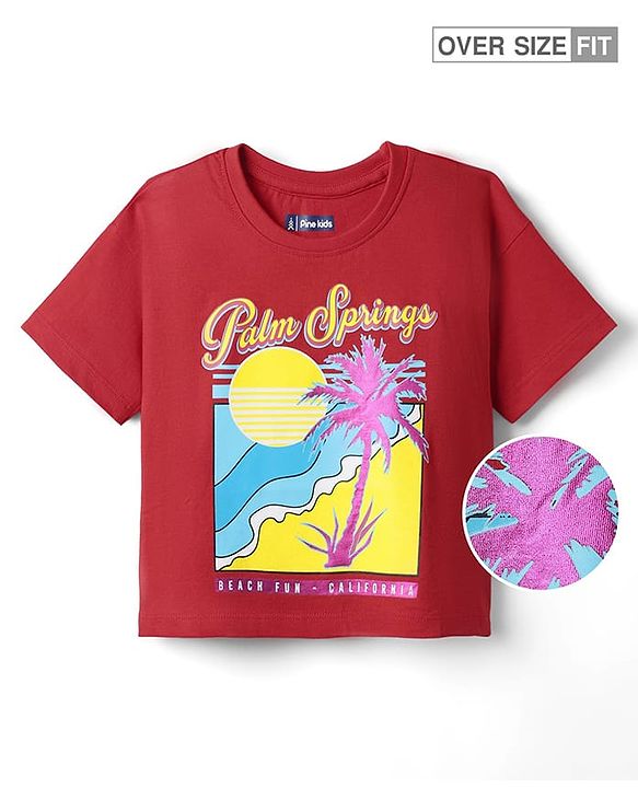 Pine Kids Cotton Knit Drop Shoulder Half Sleeves T-Shirt With Palm Spring Text Print - Dark Pink