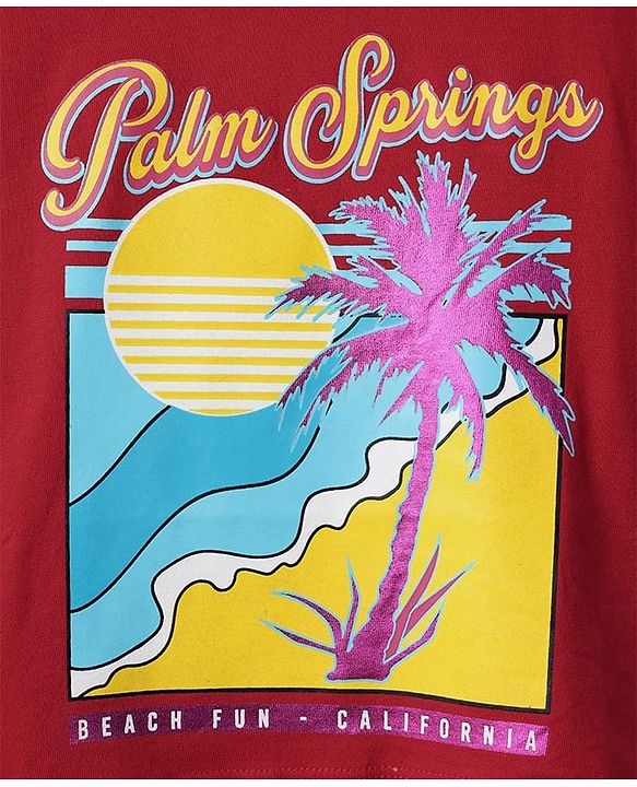 Pine Kids Cotton Knit Drop Shoulder Half Sleeves T-Shirt With Palm Spring Text Print - Dark Pink