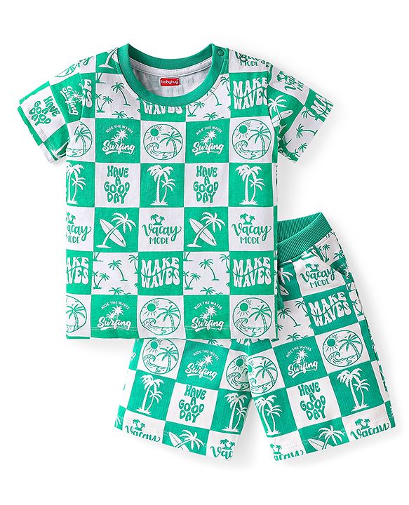 Babyhug Single Jersey Knit Half Sleeves Co-ords T-Shirt & Shorts Set with Beach Theme Print - Light Green