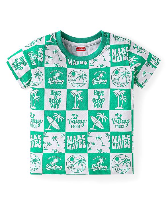 Babyhug Single Jersey Knit Half Sleeves Co-ords T-Shirt & Shorts Set with Beach Theme Print - Light Green