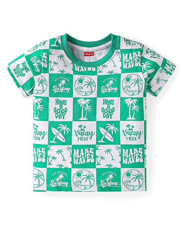 Babyhug Single Jersey Knit Half Sleeves Co-ords T-Shirt & Shorts Set with Beach Theme Print - Light Green