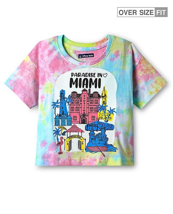 Pine Kids Cotton Knit Half Drop Shoulder Sleeves Tie & Dye T-Shirt with Beach Theme Print - Light Blue & Pink