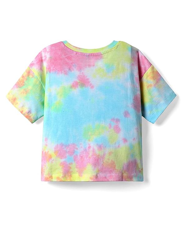 Pine Kids Cotton Knit Half Drop Shoulder Sleeves Tie & Dye T-Shirt with Beach Theme Print - Light Blue & Pink