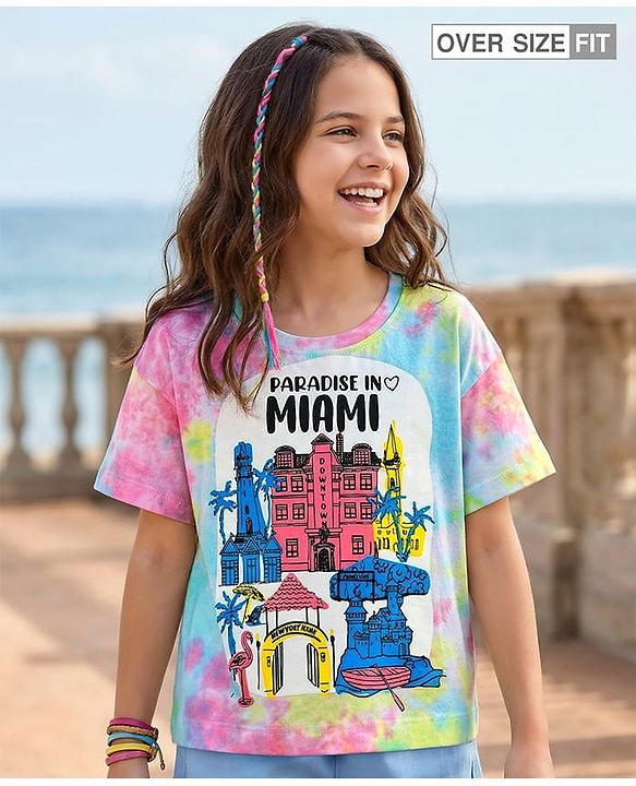 Pine Kids Cotton Knit Half Drop Shoulder Sleeves Tie & Dye T-Shirt with Beach Theme Print - Light Blue & Pink