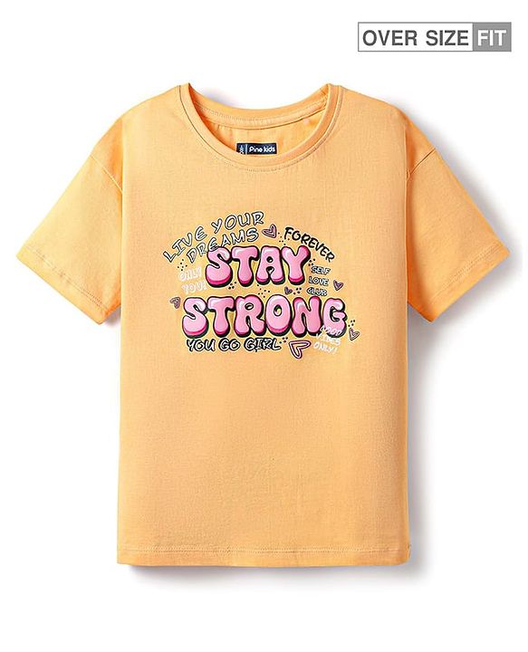 Pine Kids Cotton Knit Half Drop Shoulder Sleeves T-Shirt with Text Print - Orange