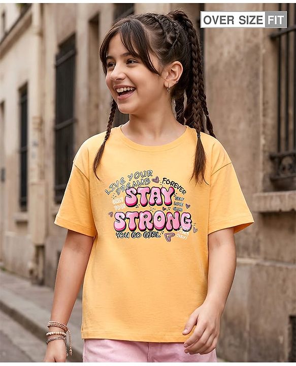 Pine Kids Cotton Knit Half Drop Shoulder Sleeves T-Shirt with Text Print - Orange