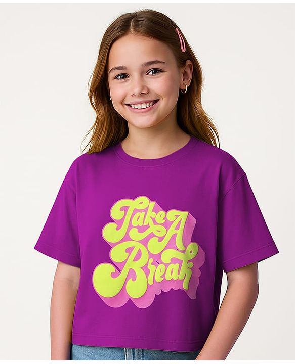 Pine Kids Cotton Knit Half Drop Shoulder Sleeves T-Shirt with Text Print - Purple