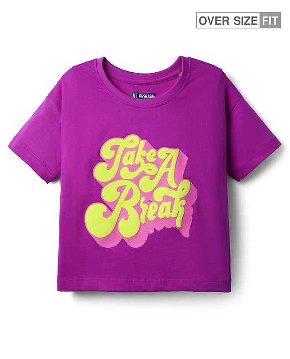 Pine Kids Cotton Knit Half Drop Shoulder Sleeves T-Shirt with Text Print - Purple
