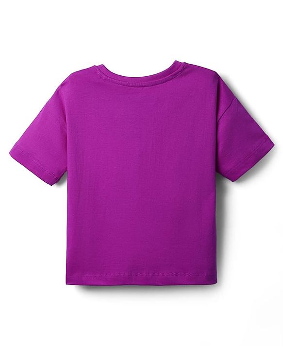 Pine Kids Cotton Knit Half Drop Shoulder Sleeves T-Shirt with Text Print - Purple