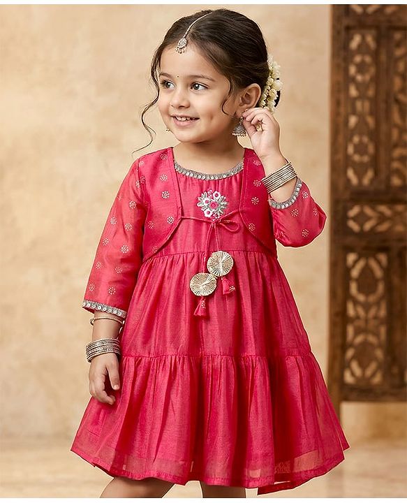 Babyhug Woven Ethnic Dress & Three Fourth Sleeves Jacket With Floral Print & Embroidery - Dark Pink