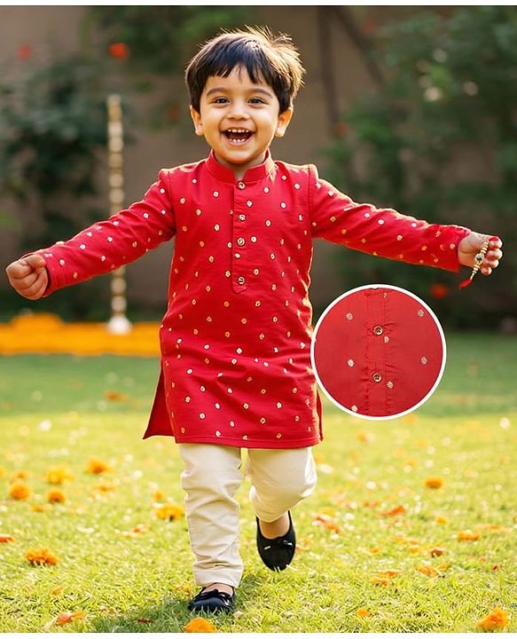 Babyhug Woven Full Sleeves Kurta & Pajama Set With Foil Polka Dot Print - Red & White