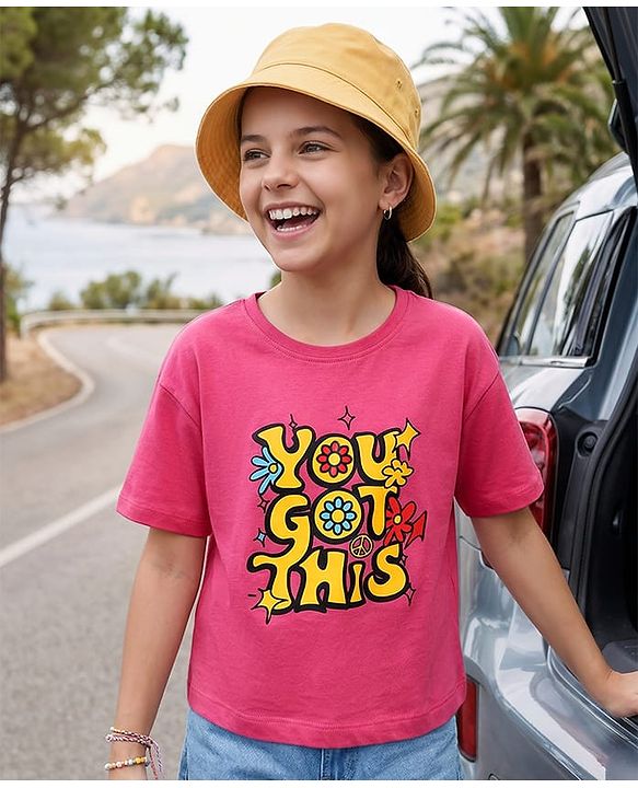Pine Kids Cotton Knit Half Sleeves Drop Shoulder T-Shirt with You Got This Text Print - Pink