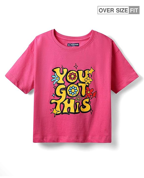 Pine Kids Cotton Knit Half Sleeves Drop Shoulder T-Shirt with You Got This Text Print - Pink
